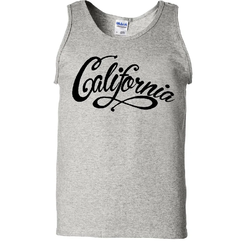 Men's moisture - wicking athletic t - shirts for intense workoutsCalifornia Beach Script Black Print Asst Colors Tank Top Men's moisture - wicking athletic t - shirts for intense workoutsCalifornia Beach Script Black Print Asst Colors Tank Top