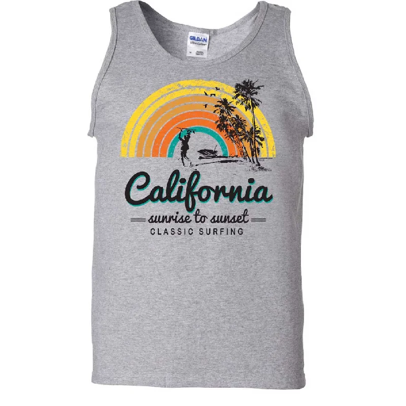 Men's mock - neck t - shirts with a modern and sleek styleCalifornia Classic Sunrise Surfing Asst Colors Tank Top Men's mock - neck t - shirts with a modern and sleek styleCalifornia Classic Sunrise Surfing Asst Colors Tank Top