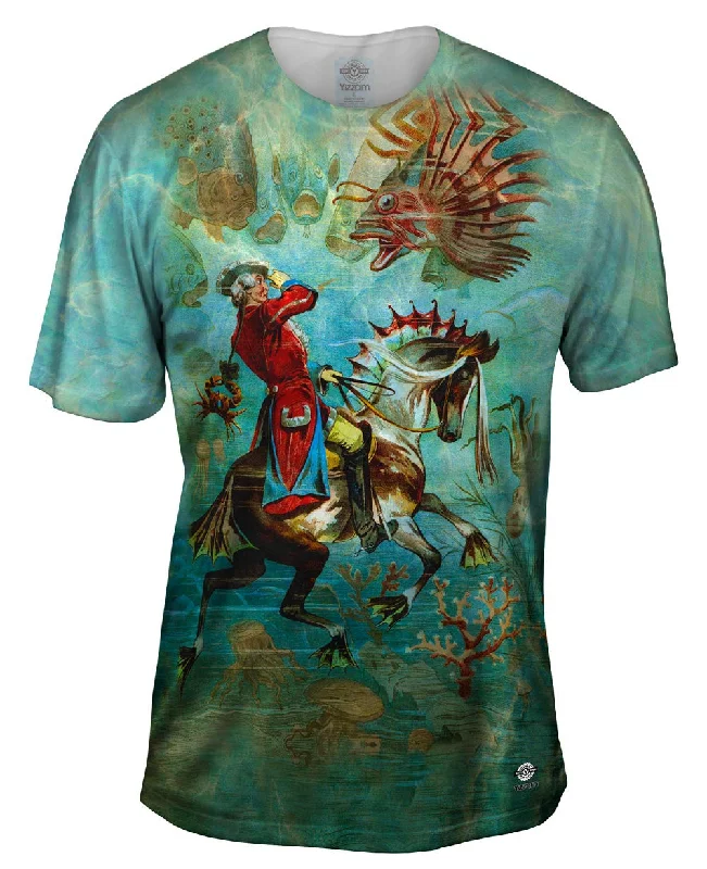 Men's button - front t - shirts with a unique artistic printGottfried Franz - "Baron Munchhausen Underwater" (1896) Men's button - front t - shirts with a unique artistic printGottfried Franz - "Baron Munchhausen Underwater" (1896)