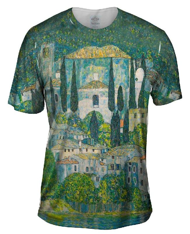 Men's thermal t - shirts with a high - neck design for cold weatherGustav Klimt -"Church in Cassone" (1913) Men's thermal t - shirts with a high - neck design for cold weatherGustav Klimt -"Church in Cassone" (1913)