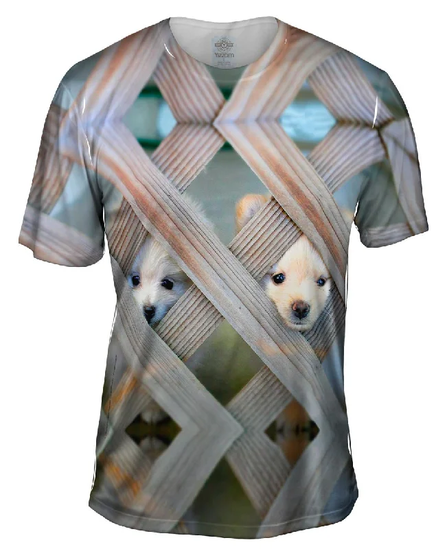 Men's button - front t - shirts with a unique artistic printPomeranian Peeking Through Fence Men's button - front t - shirts with a unique artistic printPomeranian Peeking Through Fence