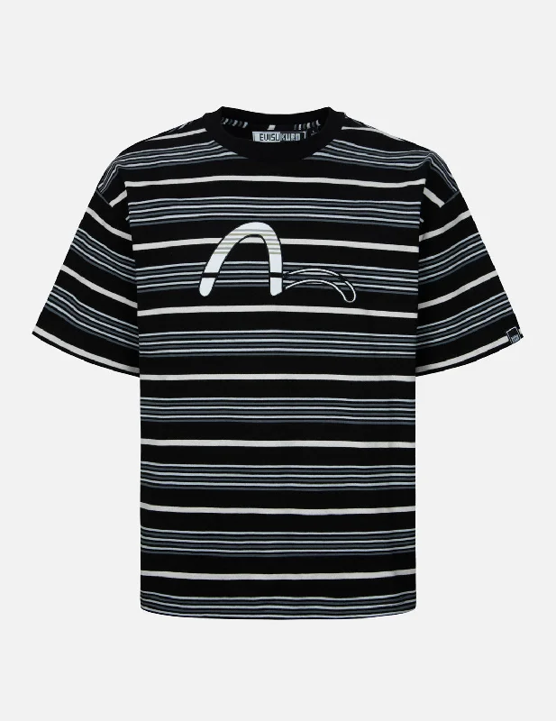 Men's distressed denim - look t - shirts with a rugged appealStriped Seagull Appliqué Embroidery Loose Fit T-shirt Men's distressed denim - look t - shirts with a rugged appealStriped Seagull Appliqué Embroidery Loose Fit T-shirt