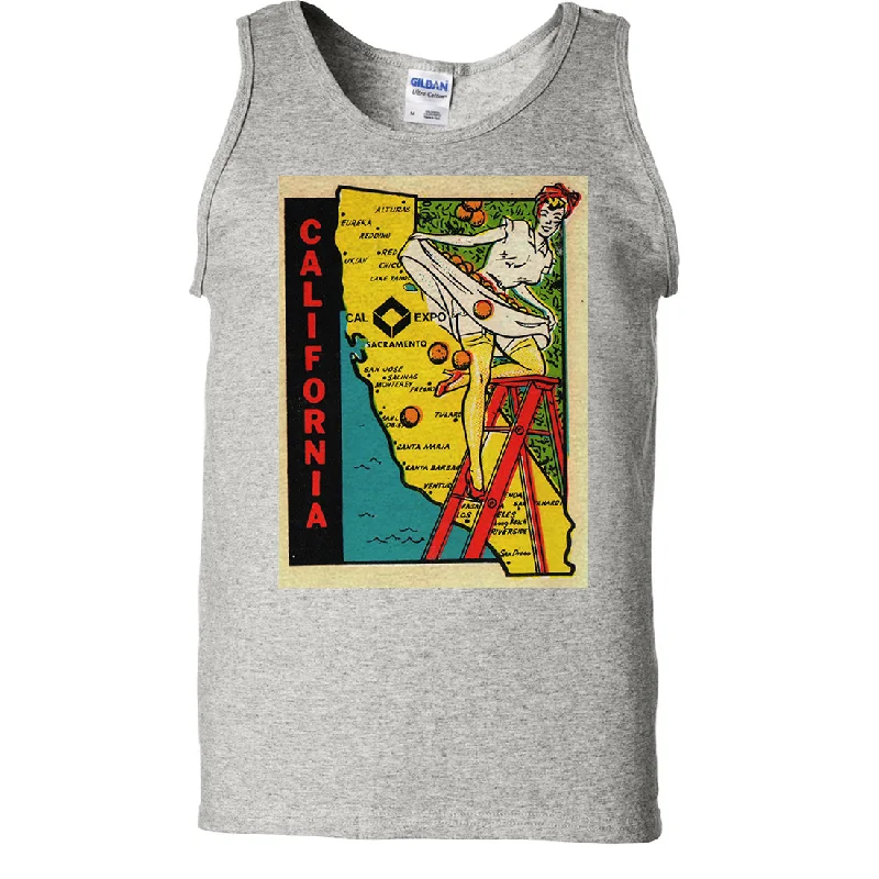 Men's button - front t - shirts with a unique artistic printVintage Sticker California Cal Expo Asst Colors Tank Top Men's button - front t - shirts with a unique artistic printVintage Sticker California Cal Expo Asst Colors Tank Top